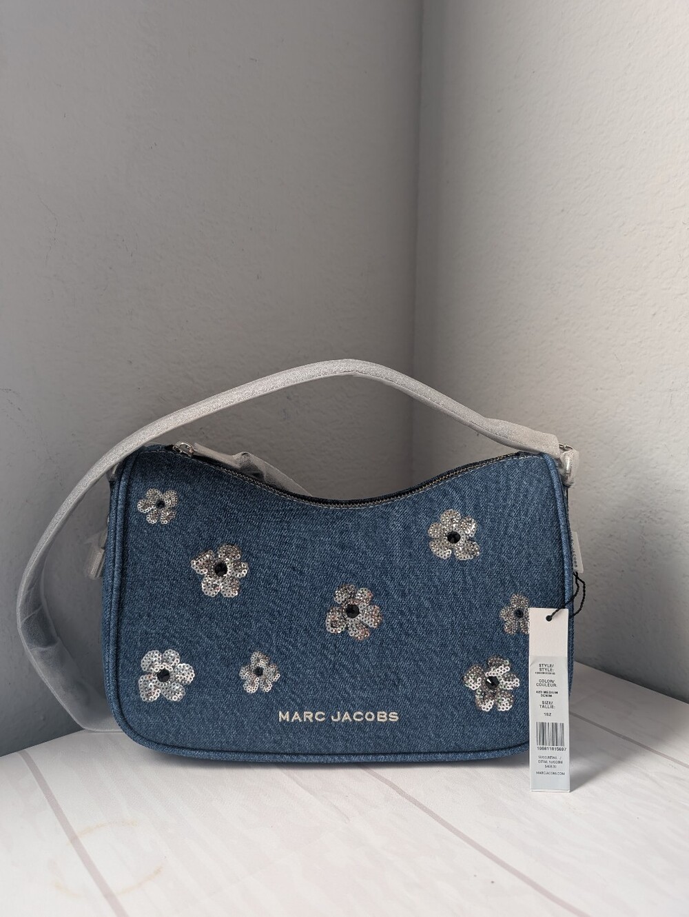 NWT Marc Jacobs Denim Sequin Daisy Drifter Convertible Shoulder Bag